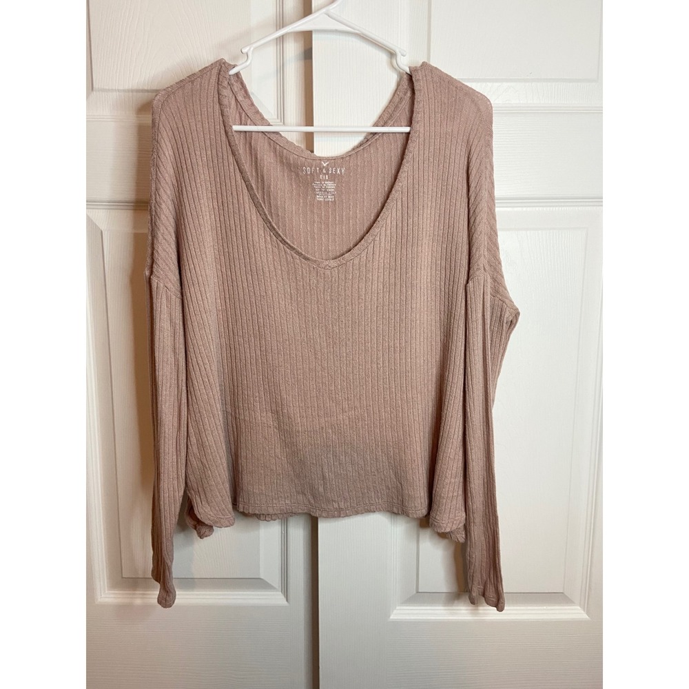 American Eagle Soft & Sexy Ribbed V-Neck Long Sleeve Top Pink XS